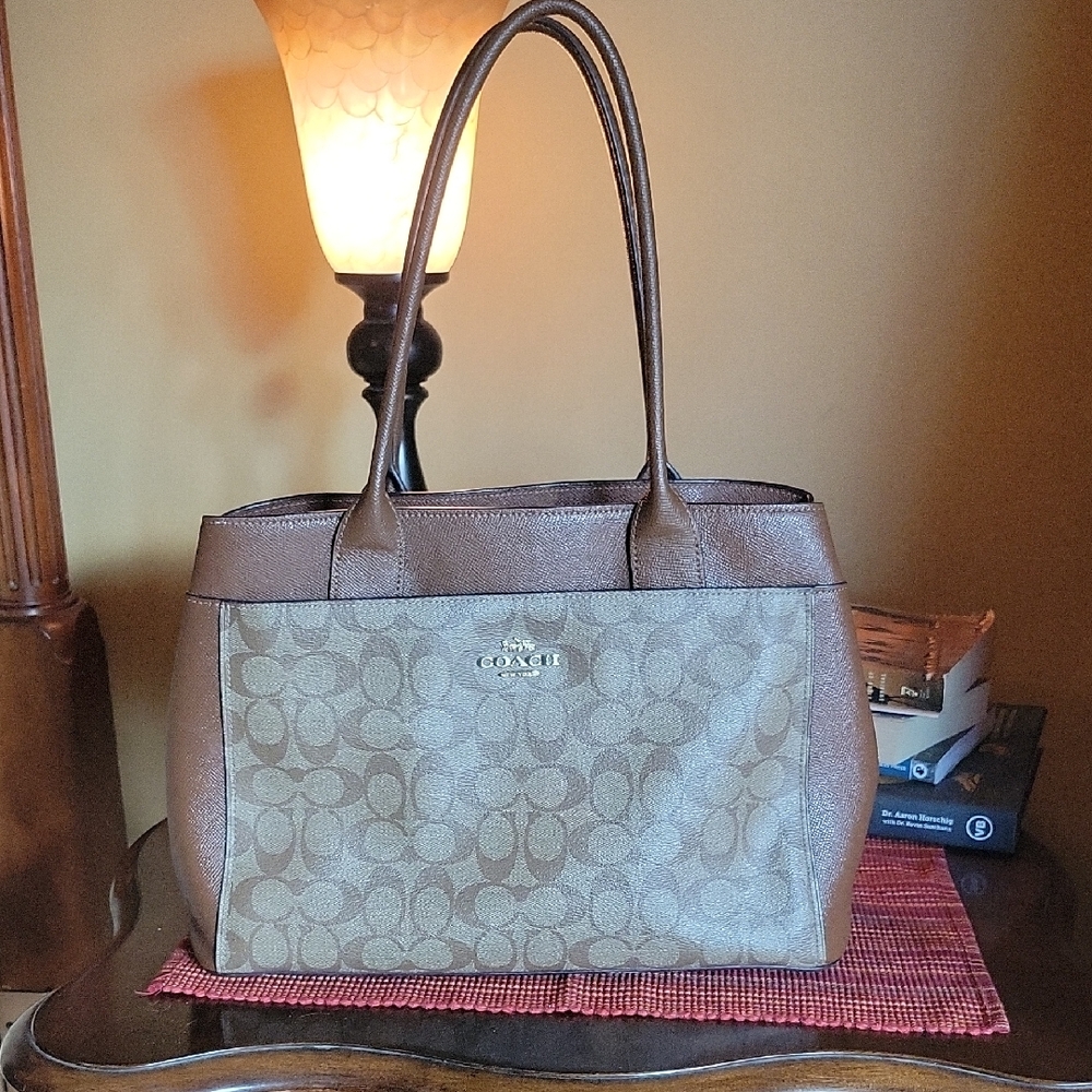 Coach Brown Signature Canvas Tote with Leather Trim